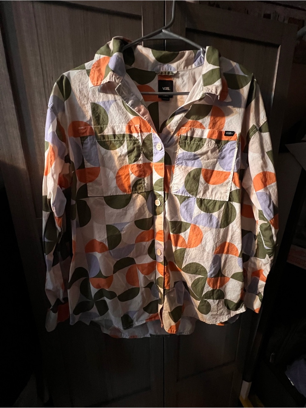 Vans Women's White Button-Up Jean Jacket with Orange & Olive Geometric Print